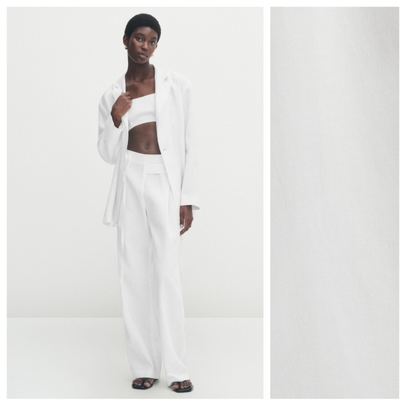 NWT. Massimo Dutti White Wide-Leg Waxed Trousers with Buttoned Strip. Size 6. - Picture 2 of 12
